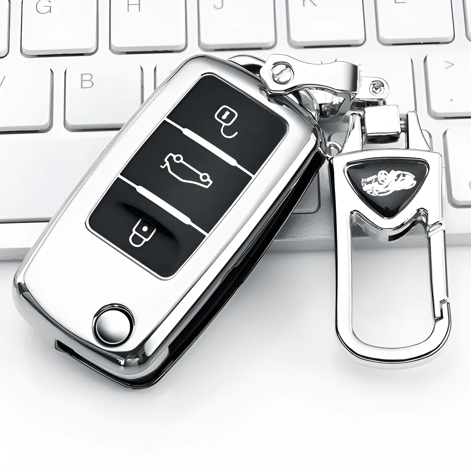 VW Model A car key case in four colours: blue, pink, red, and silver with buckle attachment