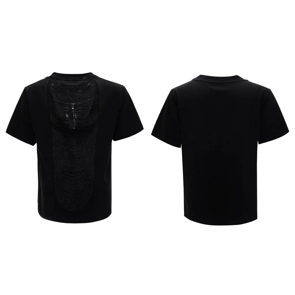 Men's black loose fit t-shirt with hollow out V-neck collar and short sleeves