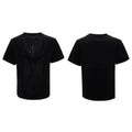 Men's black loose fit t-shirt with hollow out V-neck collar and short sleeves