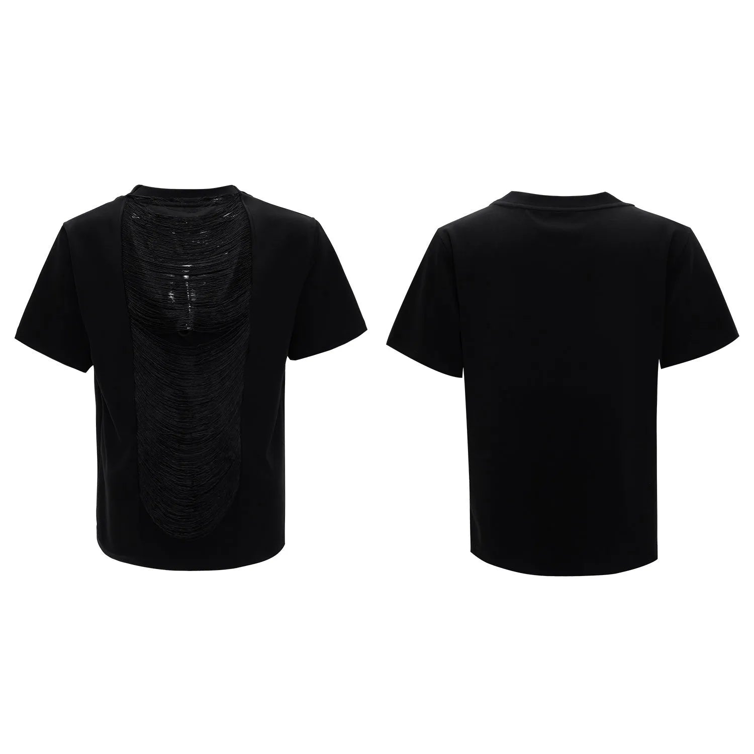 Men's black loose fit t-shirt with hollow out V-neck collar and short sleeves