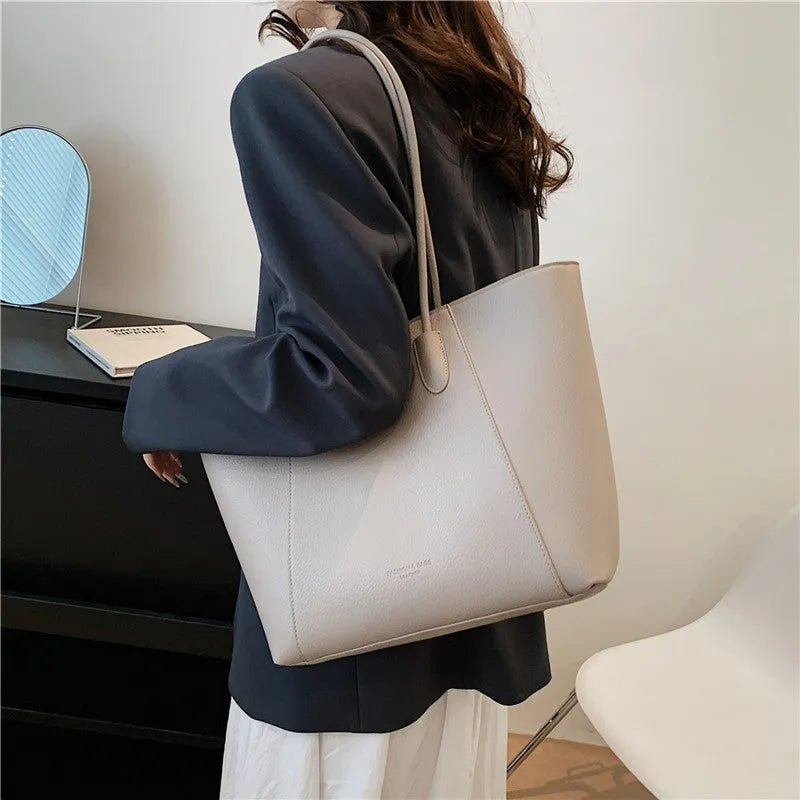 Solid colour soft PU bucket shoulder tote bag with zipper change pocket in black