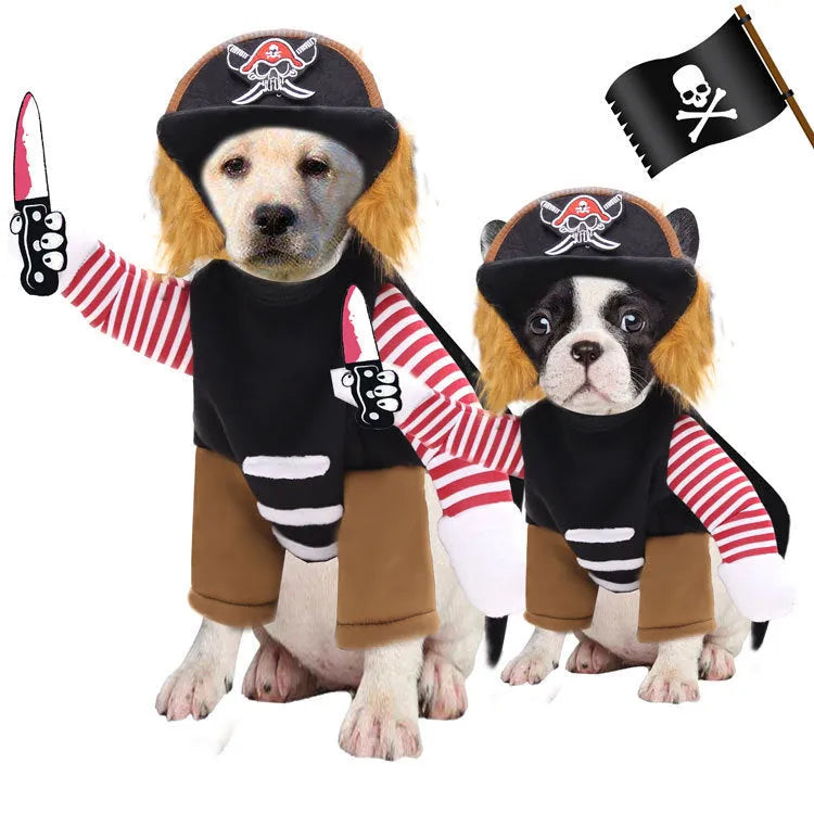Pirate pet costume set for dogs and cats with matching hat on animal