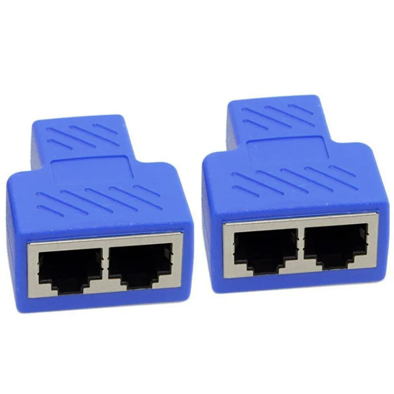 RJ45 network cable splitter with three-way tee connector in multiple colour options