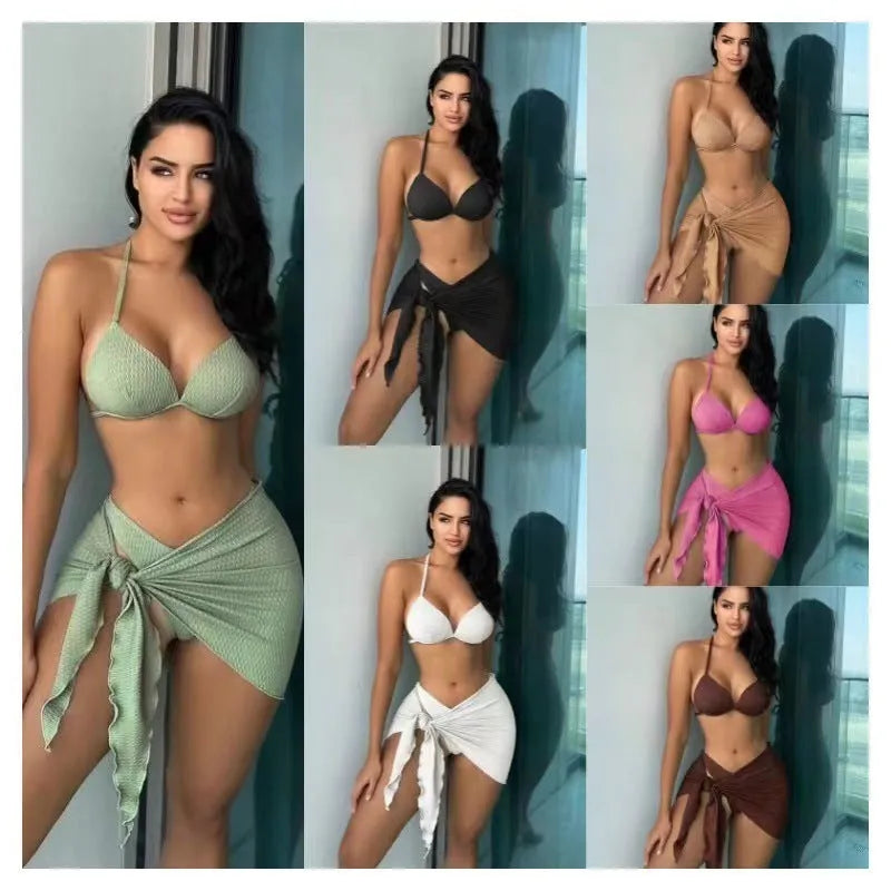 Women's three-piece Russian split swimsuit set in avocado green, showing top, panties, and skirt.