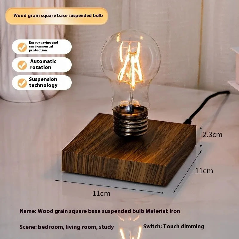 Suspension bulb small night lamp with iron art construction and wood grain base