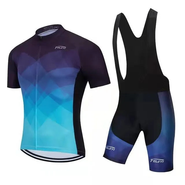 Cycling jersey set with moisture-wicking top and pants for summer mountain and road biking