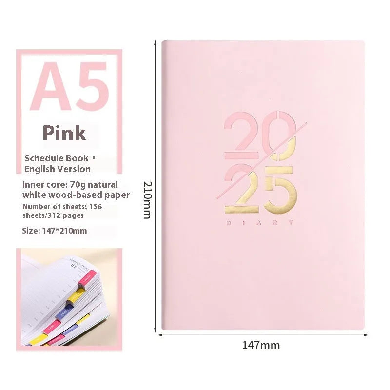 A5 faux leather daily schedule book open showing Dorian paper pages with binding detail