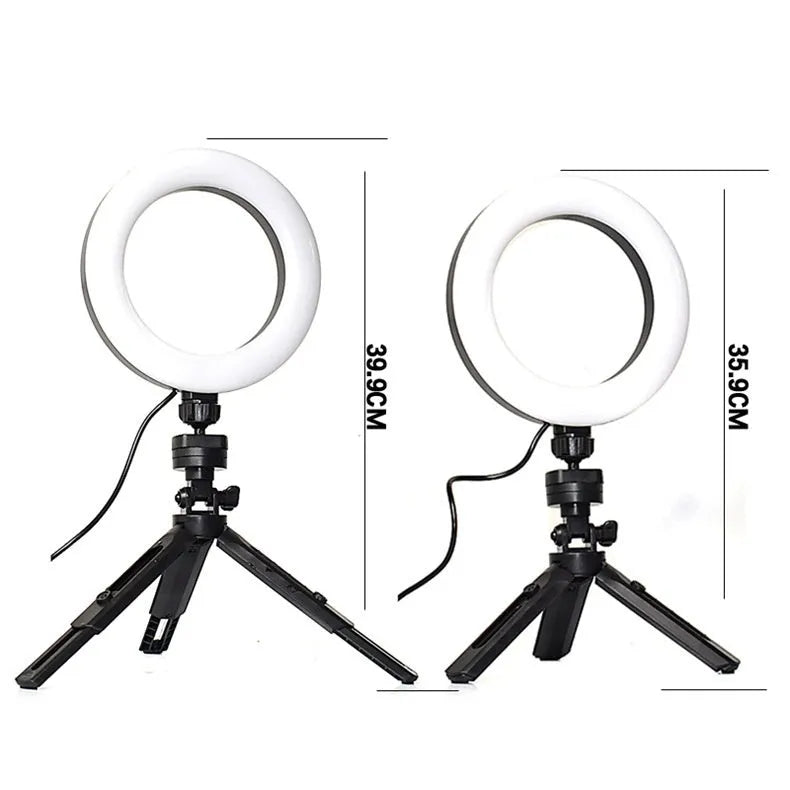 Black neutral style mobile phone live streaming bracket with adjustable colour fill light on a desktop tripod.