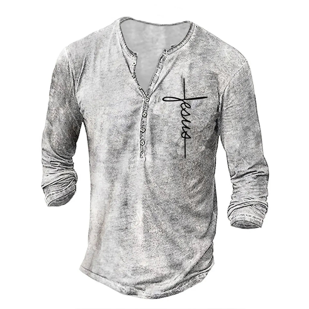 Men's long sleeve button V-neck retro oversize cotton blend t-shirt in black on white background