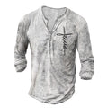 Men's long sleeve button V-neck retro oversize cotton blend t-shirt in black on white background