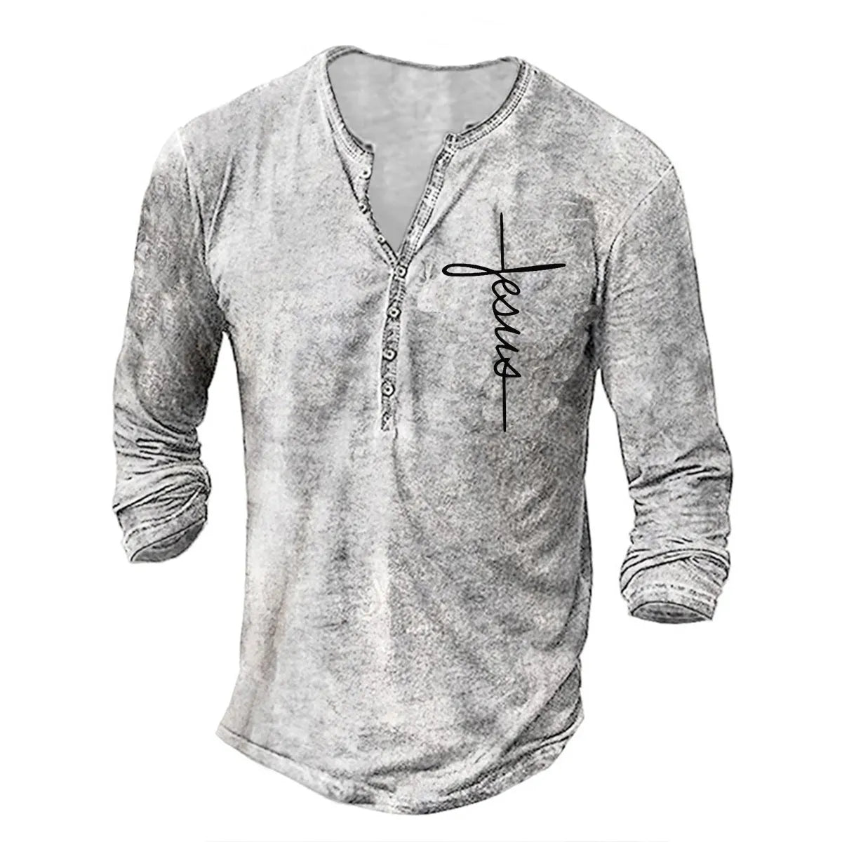 Men's long sleeve button V-neck retro oversize cotton blend t-shirt in black on white background