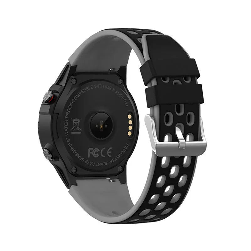 Outdoor sports smart watch with silicone band showing on a wrist, display visible with fitness metrics.