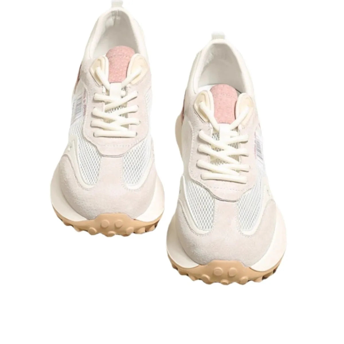 Women's grey and pink low-top retro sneaker with round toe and flat rubber sole