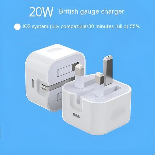 White 20W PD British standard mobile phone charger with Type-C fast charging cable
