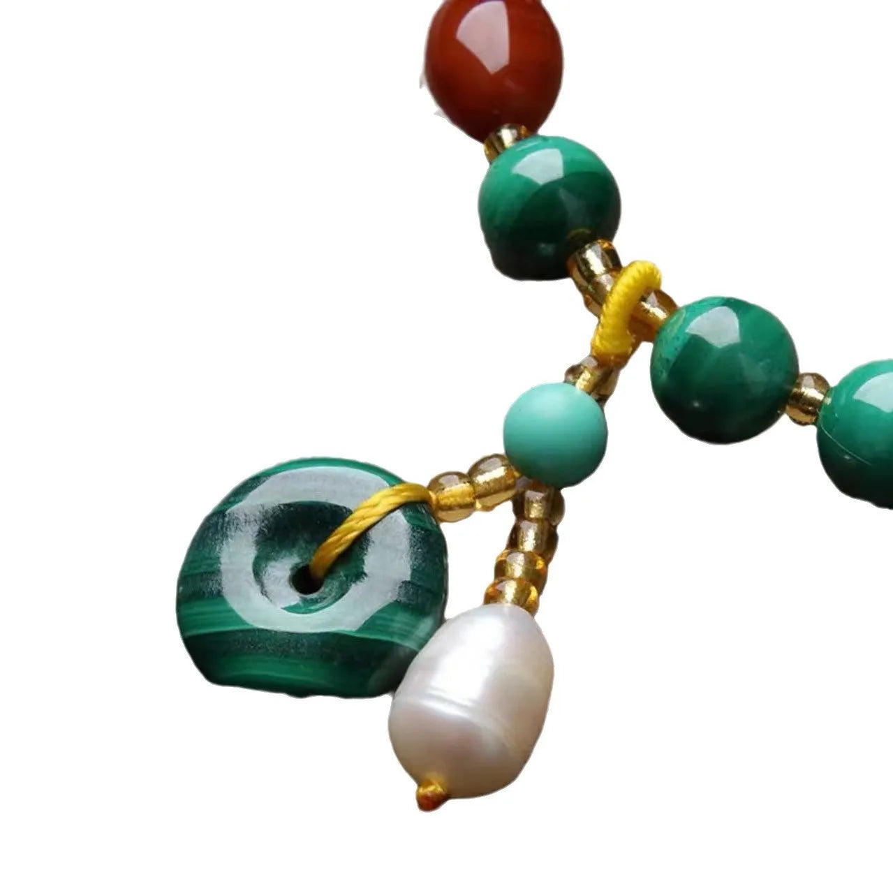 Natural green malachite and red agate stone bracelet with barrel-shaped beads
