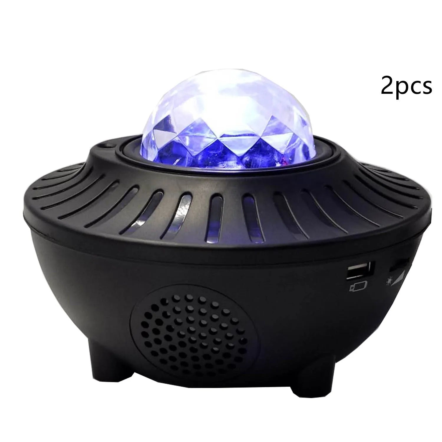 LED Bluetooth music projector light with starry sky effect, green laser, remote control, and USB cable