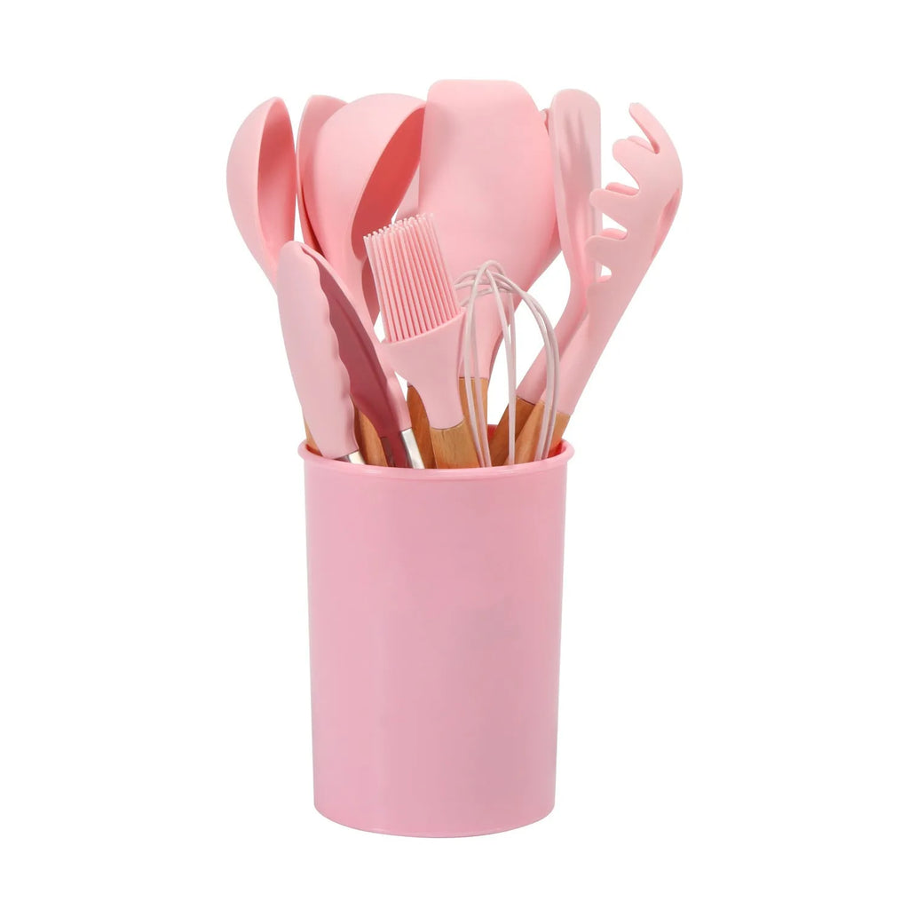 12-piece silicone kitchenware set with wooden handles in modern simplicity style, assorted colour box packaging
