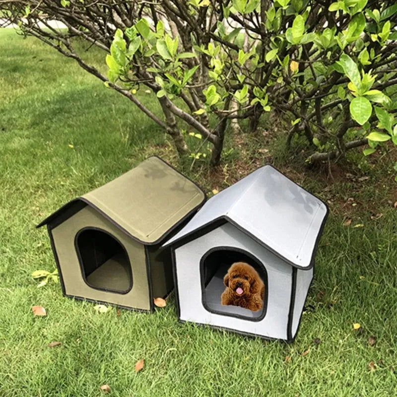 Outdoor waterproof chemical fibre dog kennel in army green with optional door curtain