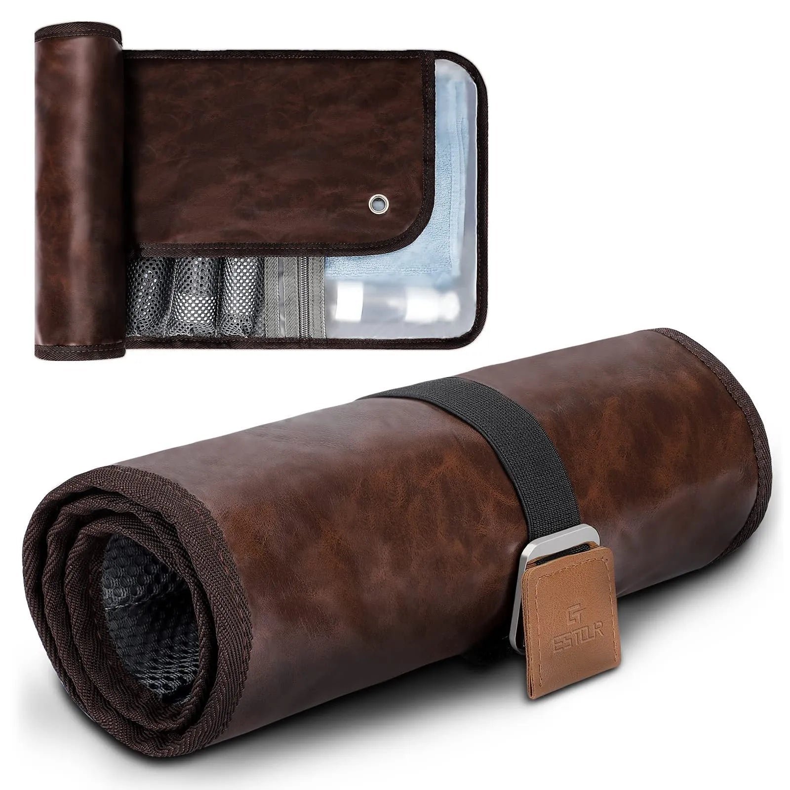 Men's black PU travel wash bag with portable reel design for toiletry organisation