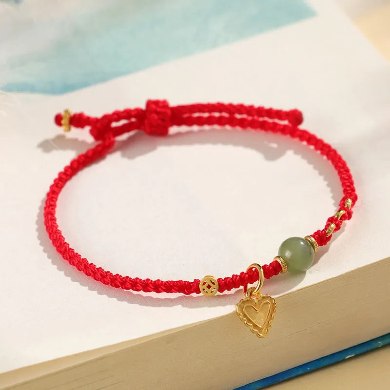 925 silver Hetian jade handmade woven bracelet with red cord strap, women's original design