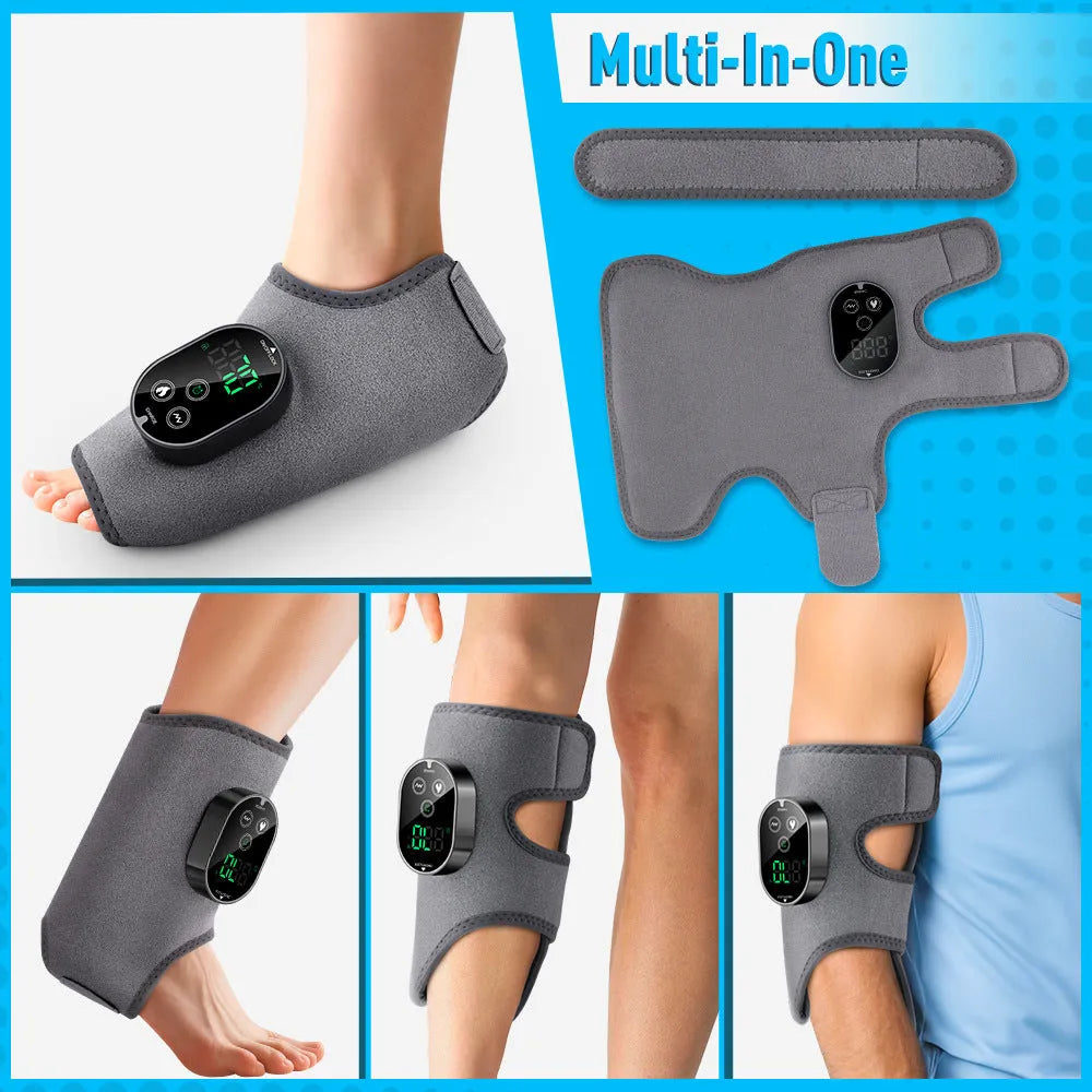 Portable hot compress vibration foot massager in grey or black, neoprene and ABS, 46 x 32 cm, 3000 mAh battery.