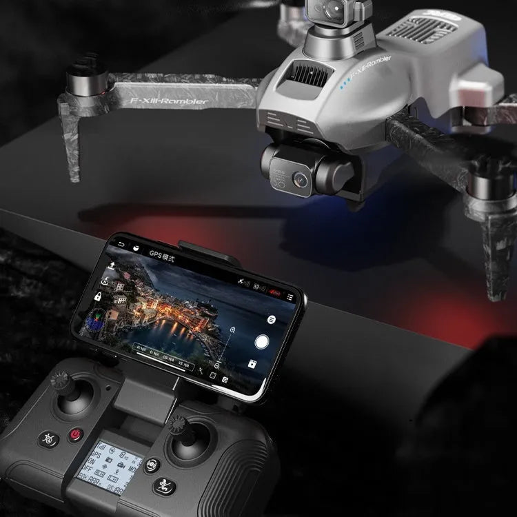 White folding quadcopter drone with camera and obstacle avoidance sensors, shown with remote control and carry bag.
