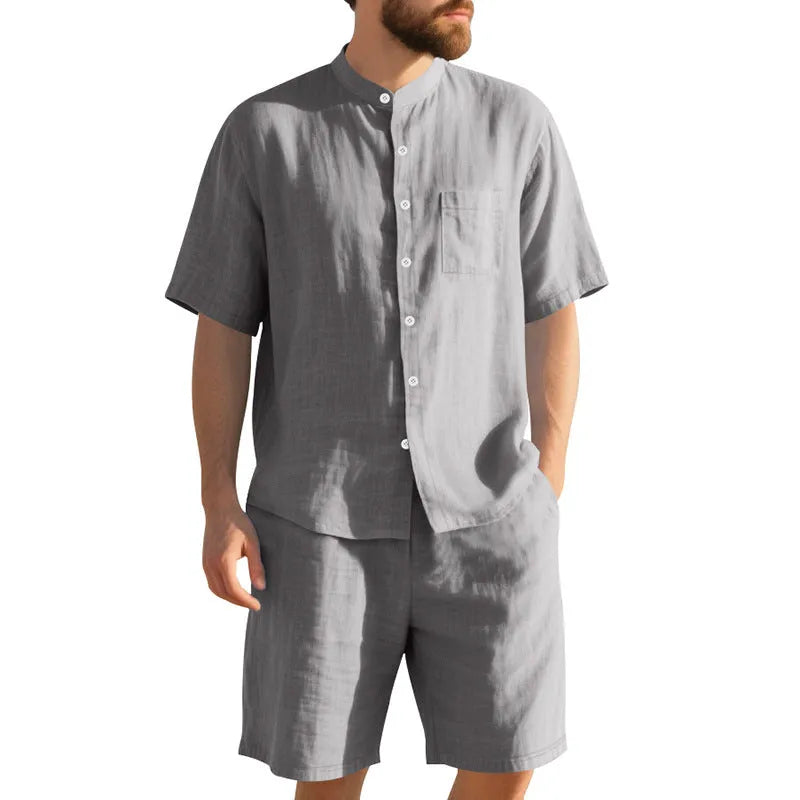 Men's light blue linen blend Henry collar shirt jacket and matching shorts summer suit set