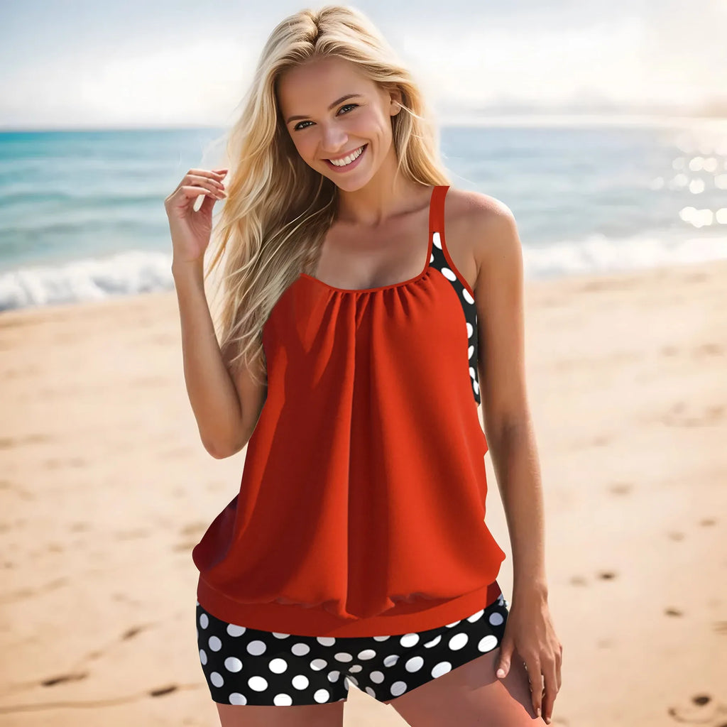 Women's polka dot swimsuit briefs set with high-waist conservative design in polyester fabric