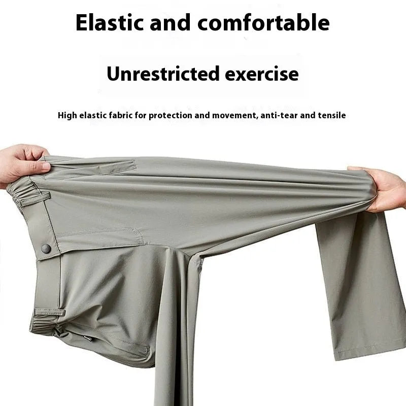 Men's black ice silk loose straight-leg leisure trousers with high elasticity open waist