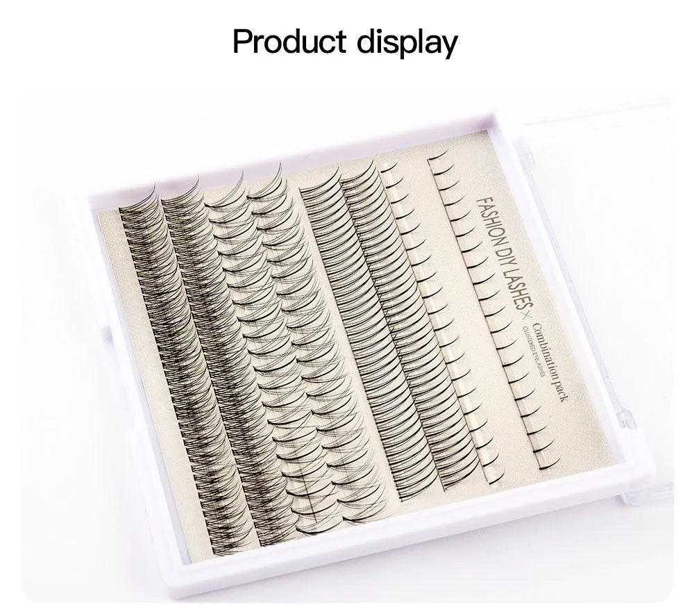 DIY false eyelash glue suit showing single-cluster artificial fibre lashes and adhesive tweezers brush tools on a pink background.
