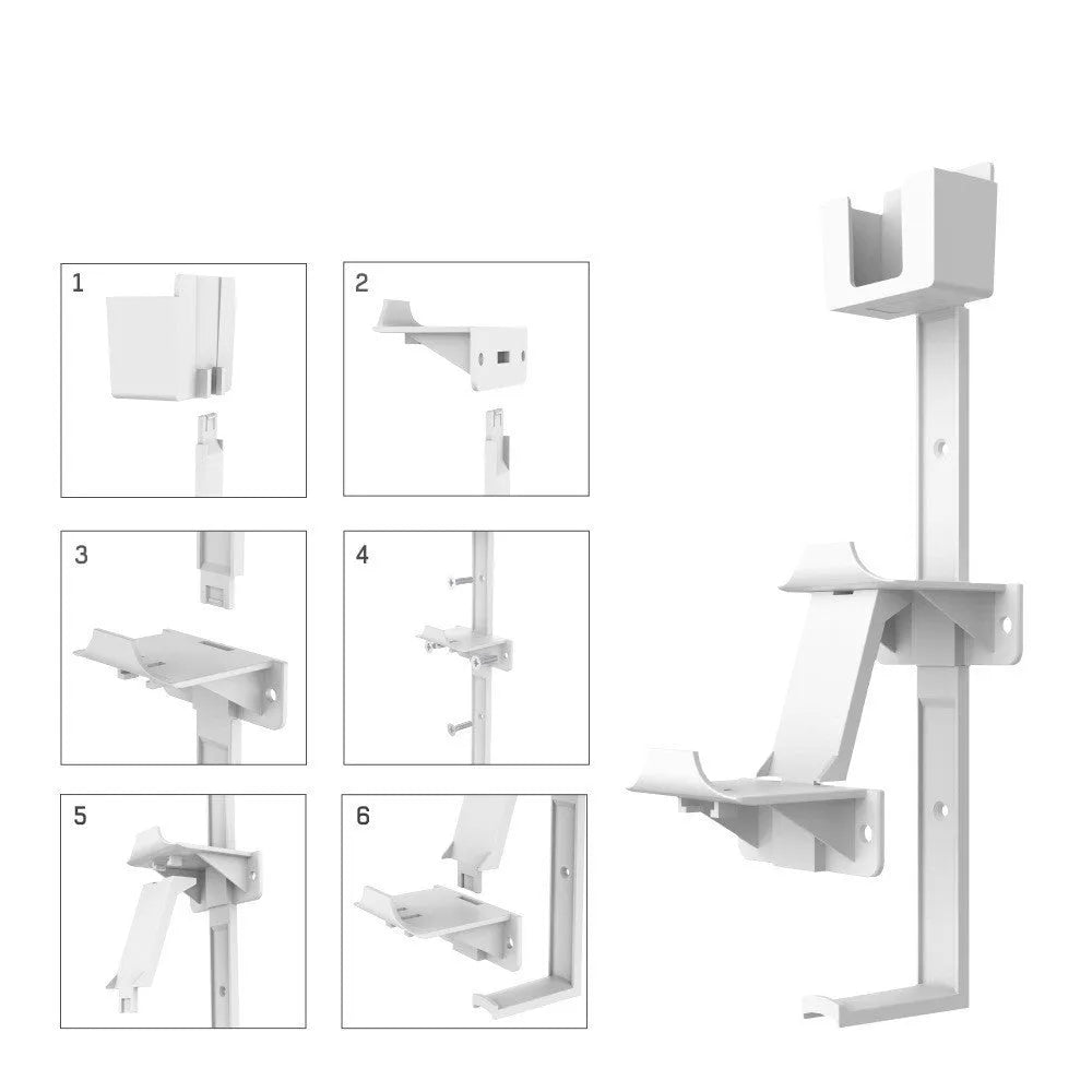 White wall-mounted plastic hook holding a game controller and a gaming headset.