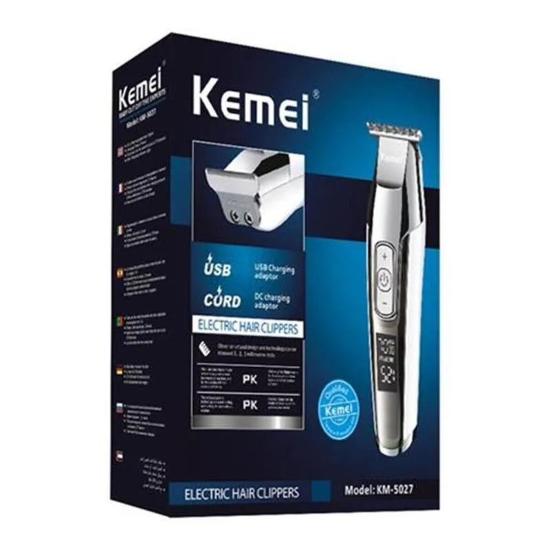 Barber scissors with LCD display showing battery status and stainless steel cutting blades