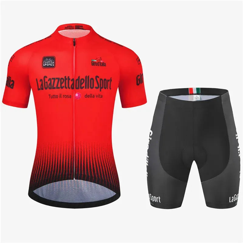 Short sleeve cycling jersey for road biking and running in breathable polyester fabric.