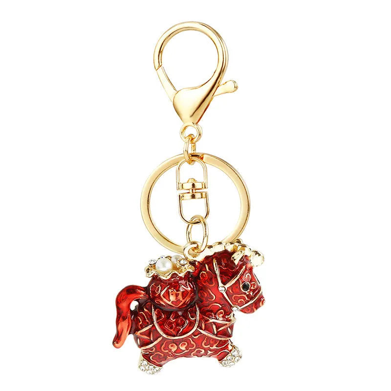 Chinese style diamond-embedded alloy car key ring with lucky rope in multiple colours