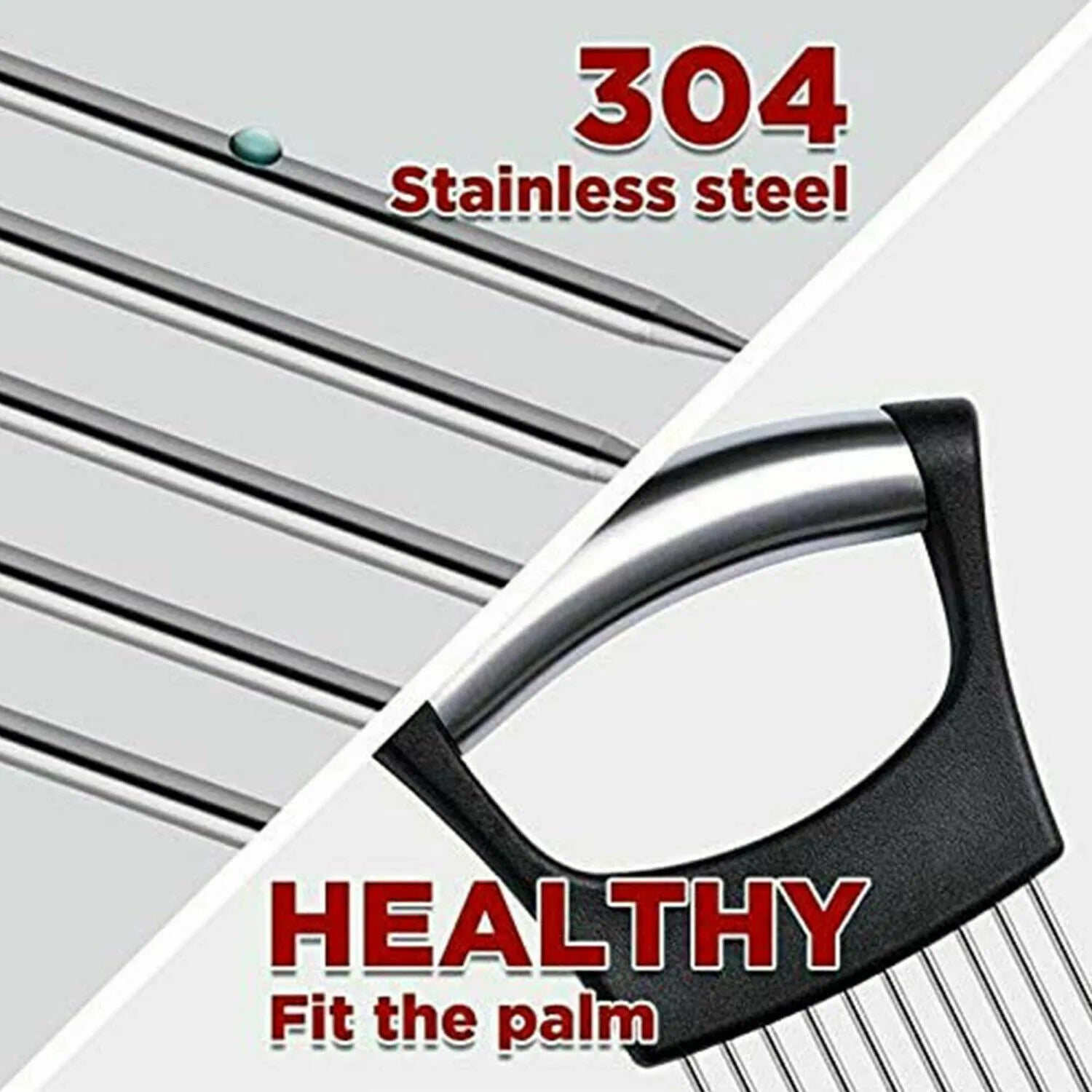 Stainless steel onion holder and vegetable slicer tool with ABS handle on a kitchen counter.
