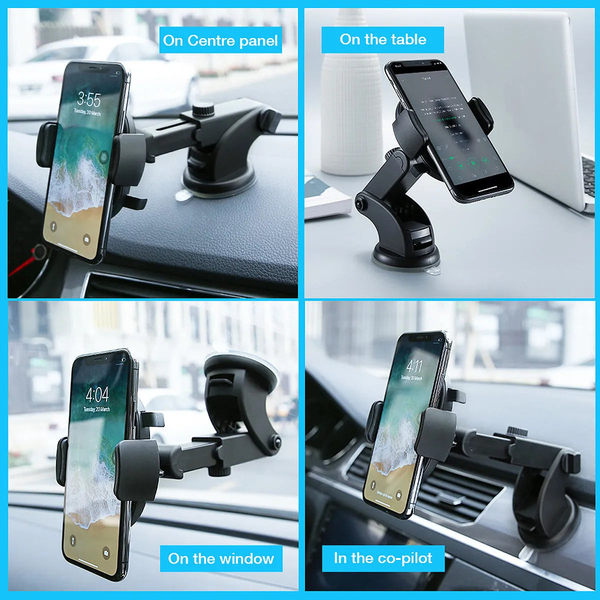 Yellow and black telescopic car phone holder with suction cup mount on a dashboard