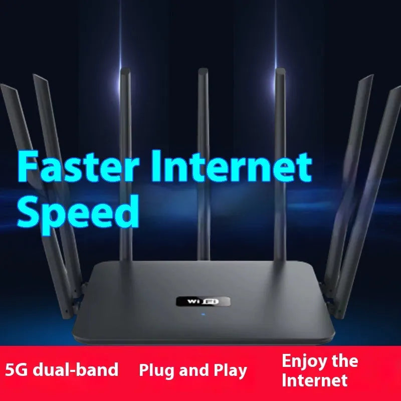Black and white dual-frequency 5G Gigabit home WiFi router with multiple antennae for through-wall coverage.