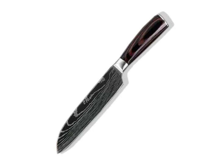 7Cr17 stainless steel chef knife with 18cm blade, laser Damascus pattern, and coloured wood handle