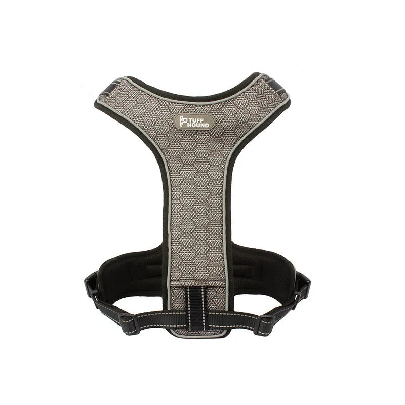 Double-sided breathable mesh dog harness with zinc alloy clips, in black carbon molecule colour, on a dog