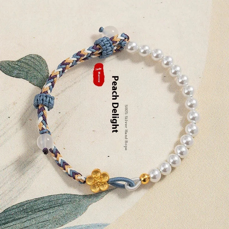 Peach-coloured carrying strap bracelet with Chinese flower weaving pattern featuring sterling silver and chalcedony beads
