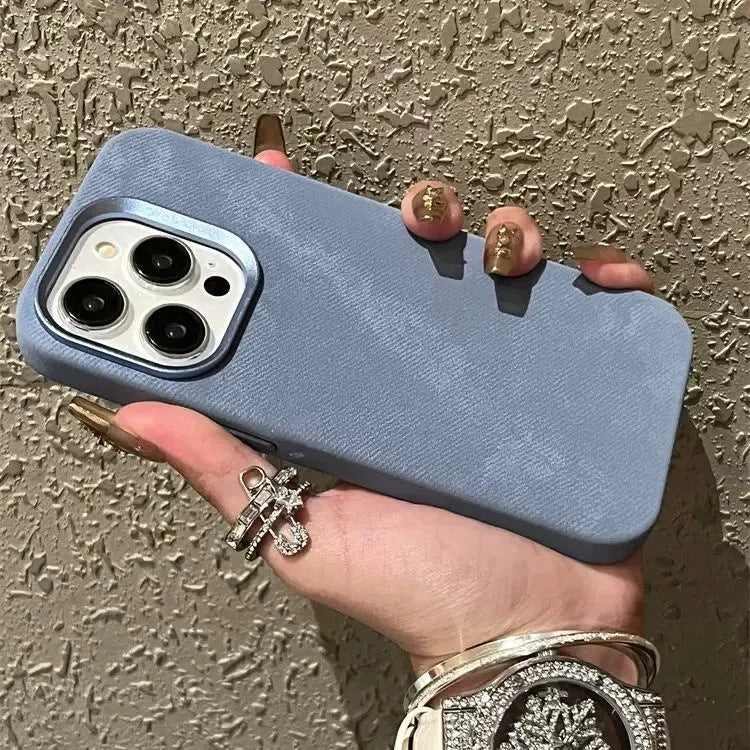 Silver grey magnetic leather iPhone case with velvet material showing magnetic back