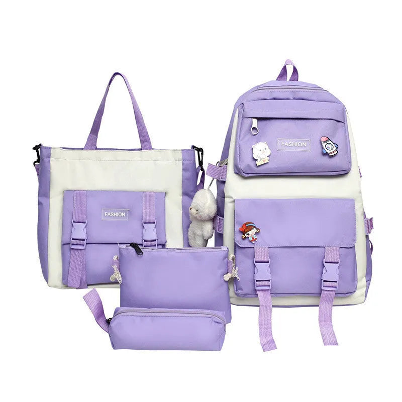 Korean style Oxford cloth student four-piece set backpack in pink with sewing thread details