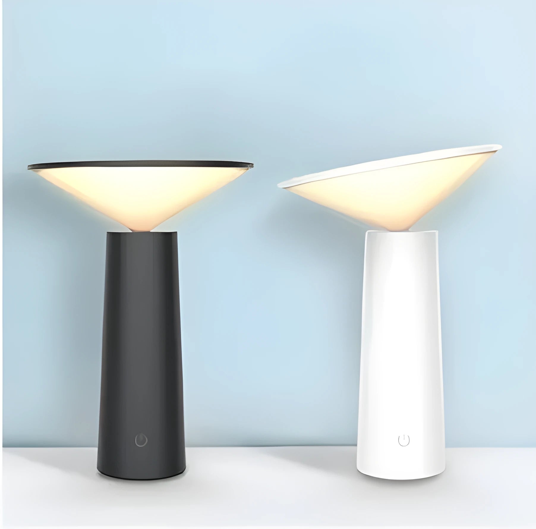 Black or white USB desk lamp with touch sensor, adjustable lamp head, and LED light source
