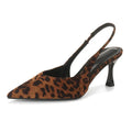 Slingback high heel sandals in Black or Leopard Print with closed pointed toe, split toe holder and satin upper
