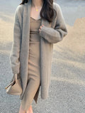 Women's loose fit grey knitted cardigan with V-neck and long sleeves, mid-length style.
