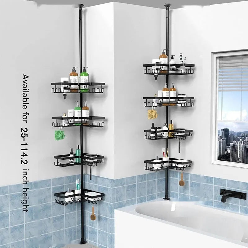 A modern, hole-free retractable bathroom storage rack with four shelves made of stainless steel and iron.