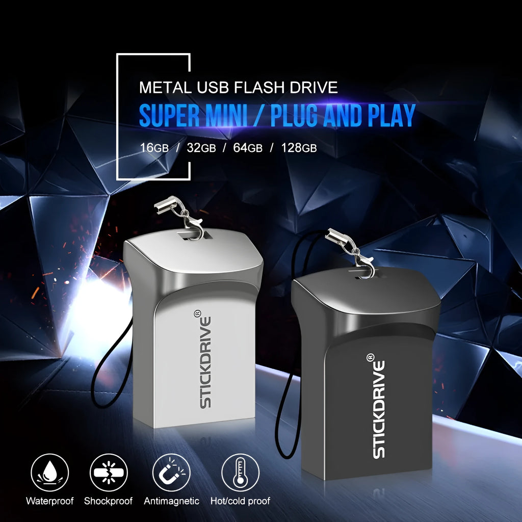 Metal USB flash drive on a keyring chain, shown in black and silver colour variants.