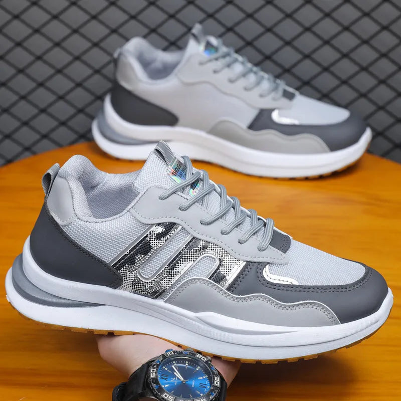 Men's mesh breathable sports casual shoes in white green, black, and gray colours with leather toe holder