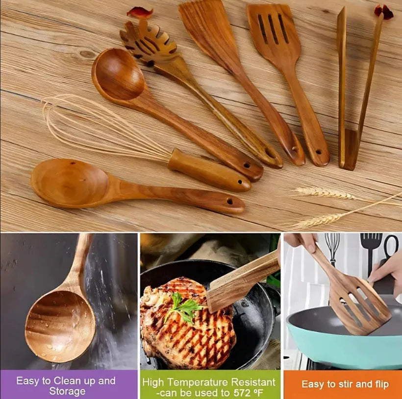 Seven-piece wooden cooking utensil set with spoons and spatulas for non-stick pans