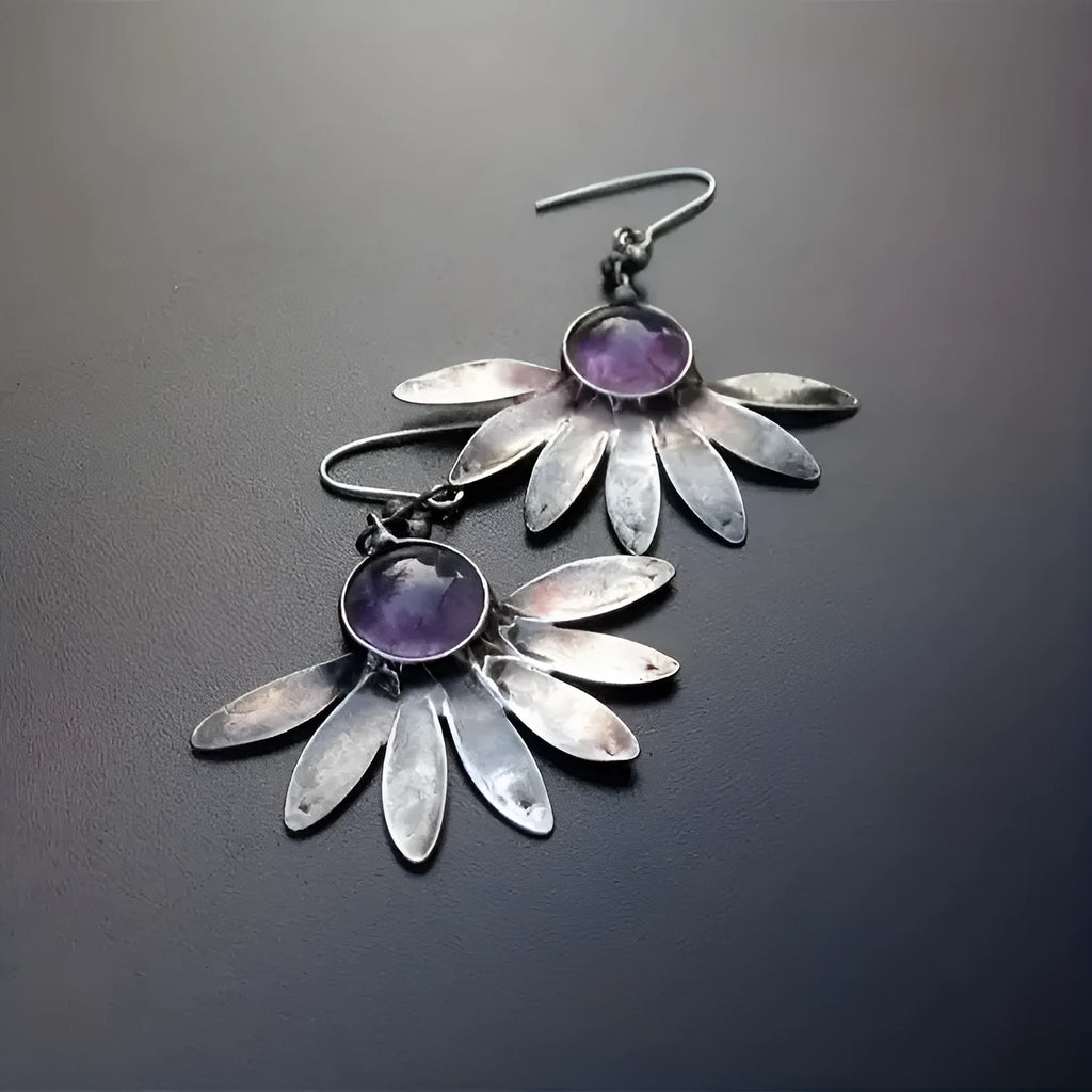 Purple Bohemian plant flower earrings with resin gemstones and animal zodiac modelling